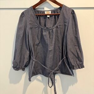 Talbots Chambray Top Women Large Blue Blouse Tie Waist Ruffle Scoop Neck